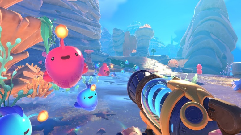 Player surrounded by different slimes 