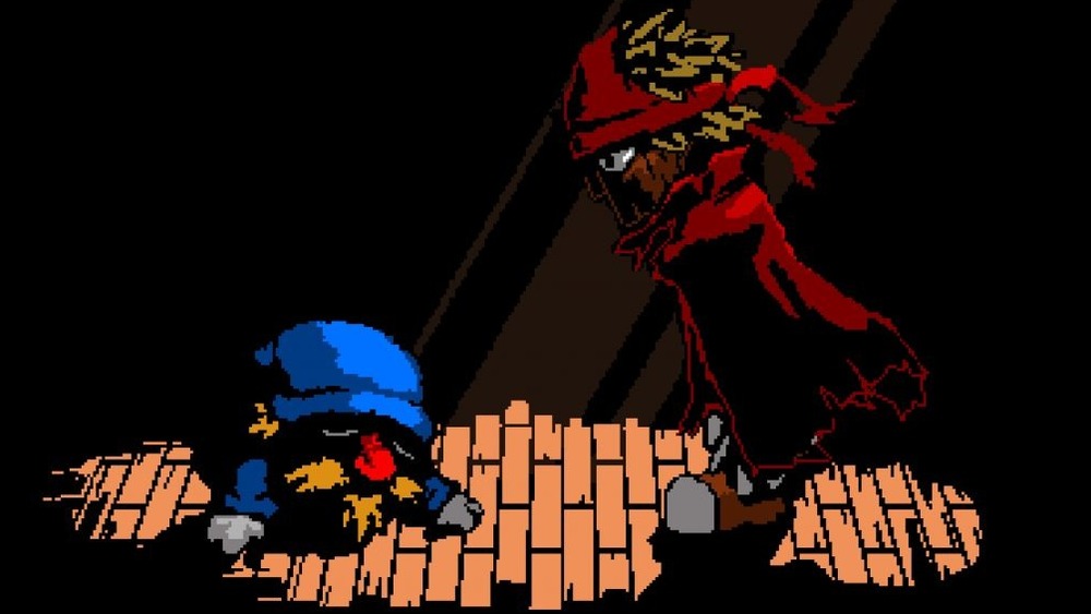 Red figure stands over blue figure
