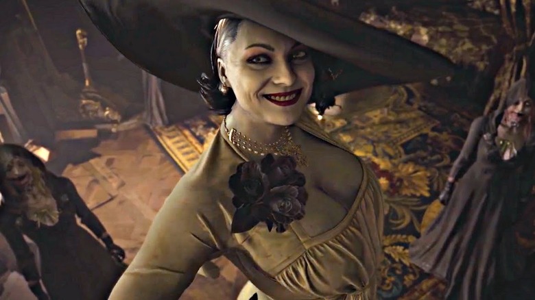 Lady Dimitrescu smiling with her daughters in the background