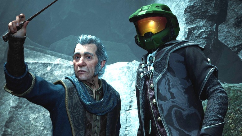 Professor Fig standing next to student wearing Master Chief helmet