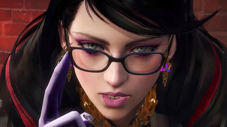 Bayonetta from "Bayonetta 3" adjusting glasses