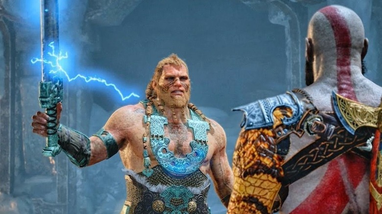 A Greek God holds up a sword