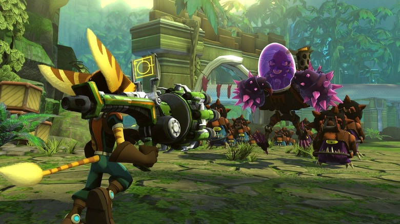 A creature aims a rocket launcher at a monster