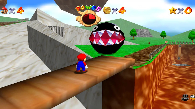 Mario 64 chain chomp in front of Mario