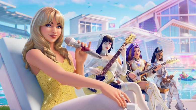 Sabrina Carpenter and characters playing instruments in Fortnite