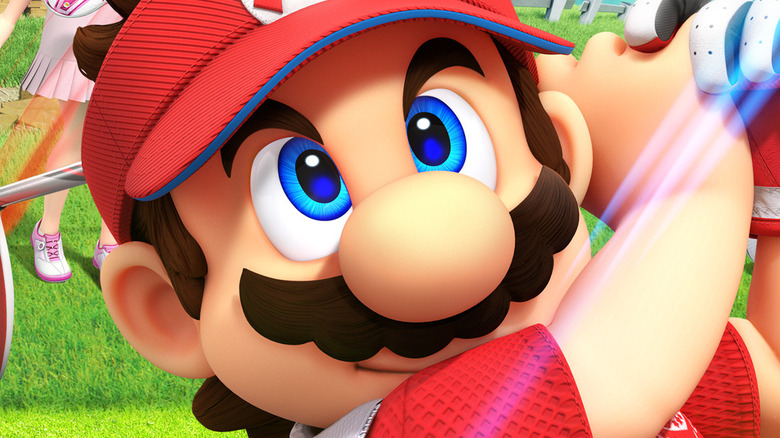 Mario hitting golf ball with club