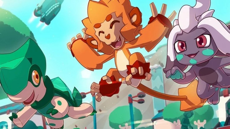 Temtem starters Crystle, Smazee, and Houchic jumping
