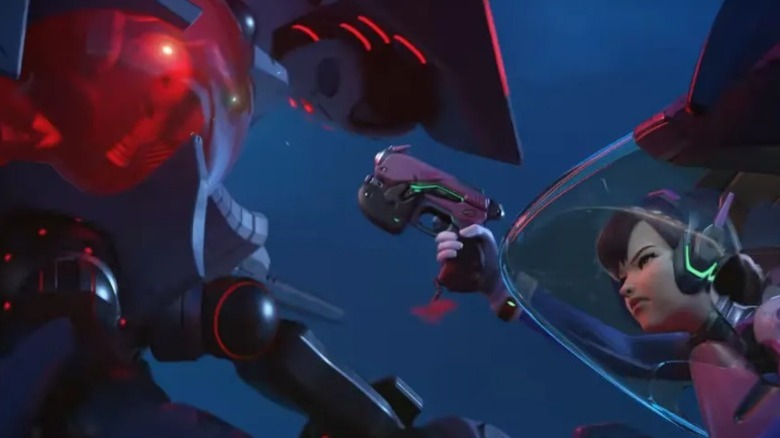 D.Va aiming gun at robot