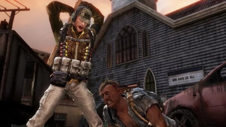 Player attacking a player on the ground with a bat in "The Last of Us: Factions"