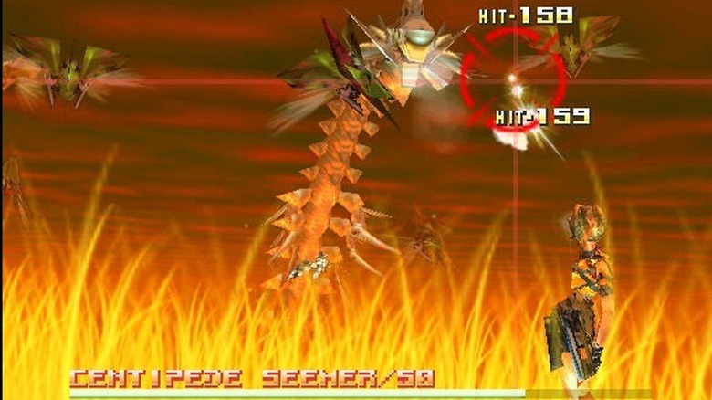 A screenshot from Sin and Punishment. The character is shooting a giant centipede through a red crosshair.