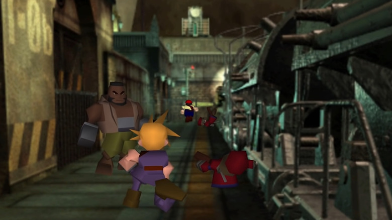 Cloud and Barret attacking train platform