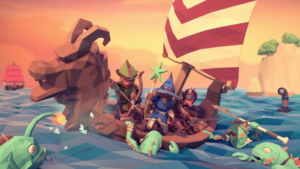 three adventurers fight sea monsters
