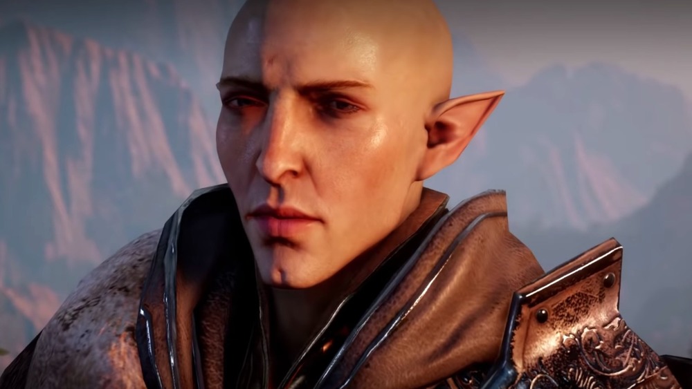 Solas with blue light leaking from his eyes, a wolf at his side