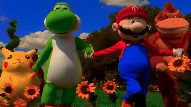 Mario, Donkey Kong, Yoshi, and Pikachi skipping