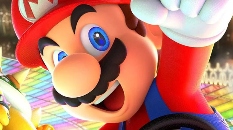 Mario driving on Rainbow Road