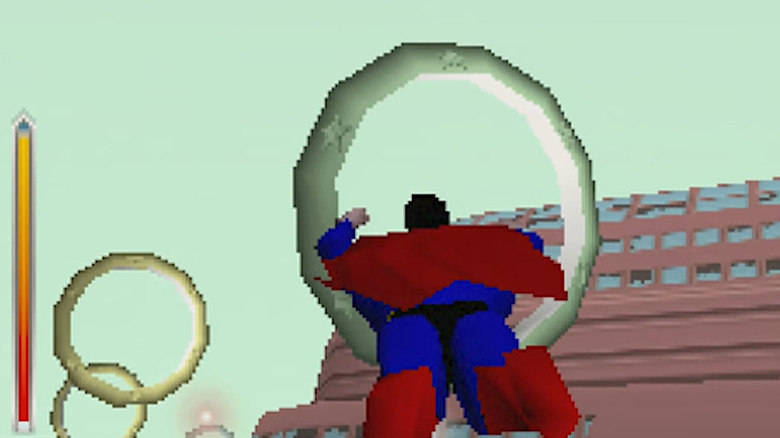 Superman flying through green fog