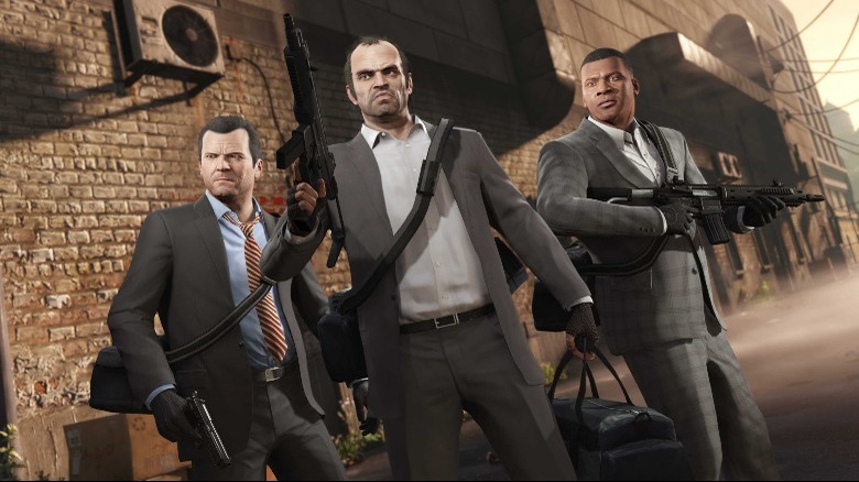 Franklin, Michael, Trevor holding guns