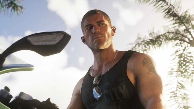 Jason Duval sits on a motorcycle in Grand Theft Auto VI