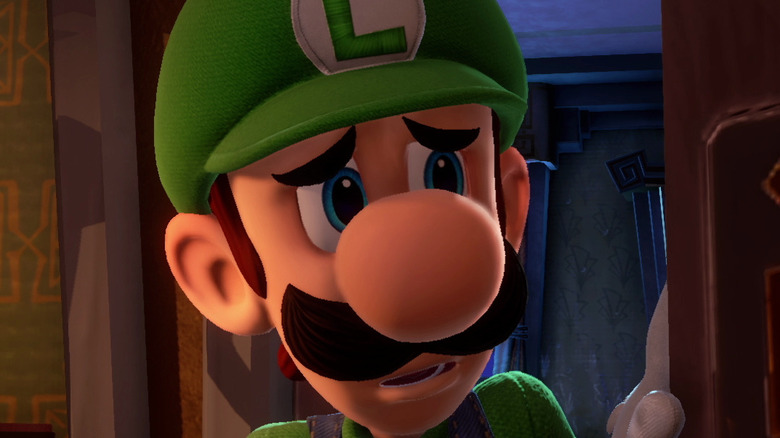 Scared Luigi peeking through mansion door