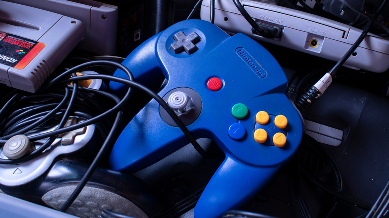 NIntendo 64 controller covered in wires