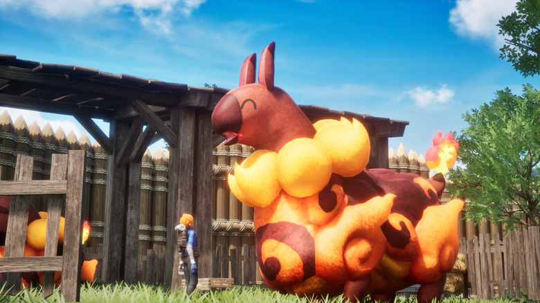 The player character stands in front of a happy fire llama in Pickmos