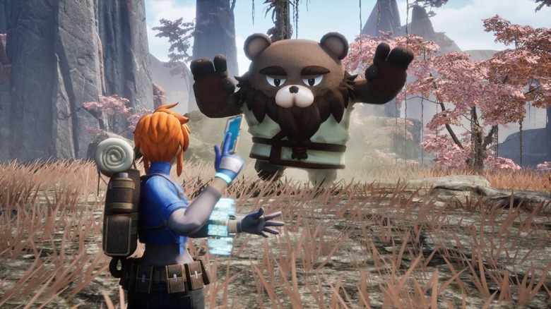 A bear in a martial arts gi approaches the player character in Pickmos