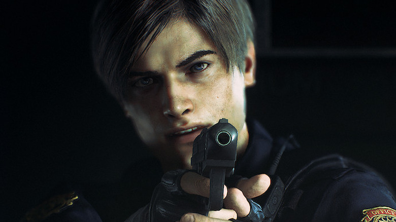 Leon Kennedy pointing gun at camera