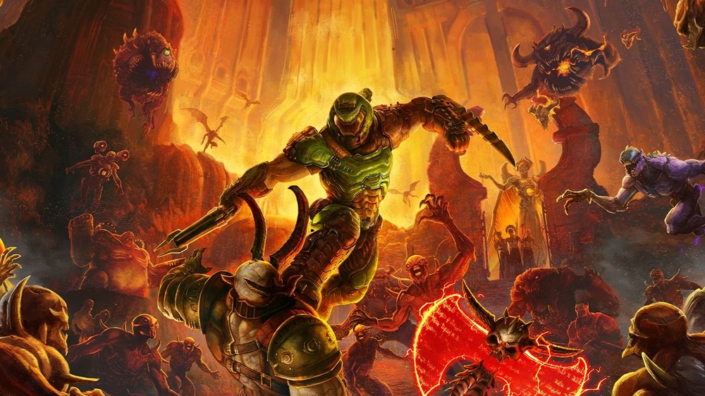 Doomguy fighting demons