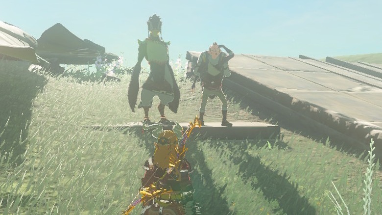 Link standing in front of Branli and Mimo