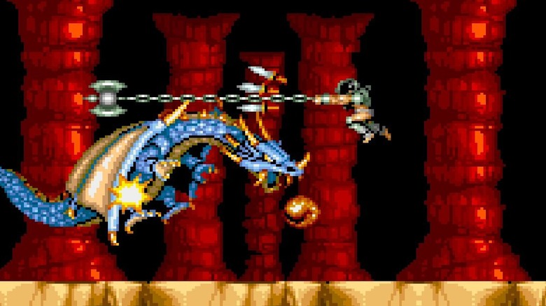 A warrior leaps in the air and swings a flail at a flying dragon in Black Tiger