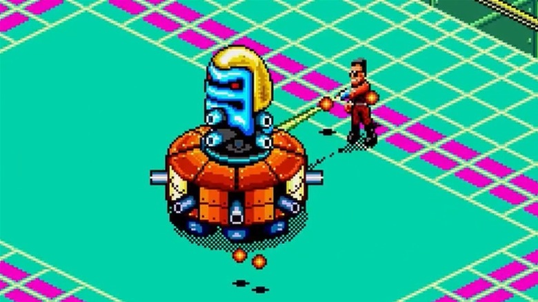 Jake shooting at a boss in Escape from the Planet of the Robot Monsters