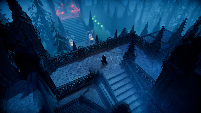 Vampire standing on a balcony overlooking his castle