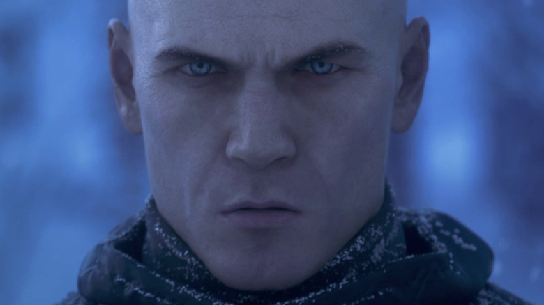 Agent 47 scowling in snow