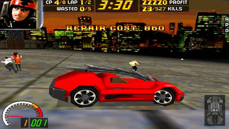 A red sports car speeds through a city as pedestrians flee in Carmageddon
