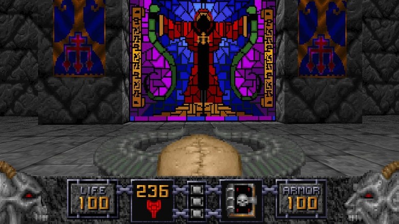The player faces a stained glass window in Heretic