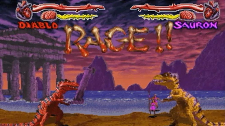 Diablo and Sauron face each other on a beach in Primal Rage