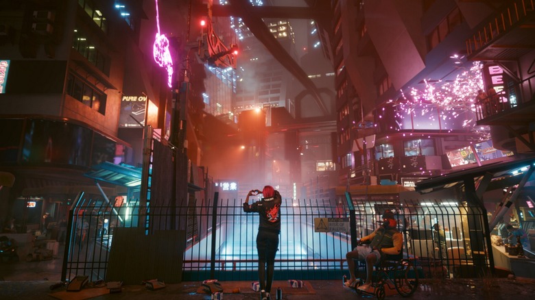 V standing in a dirt alley in "Cyberpunk 2077" (2020)