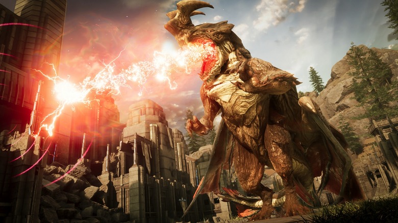 Dragon breathing red electricity in "Immortals of Aveum" (2023)