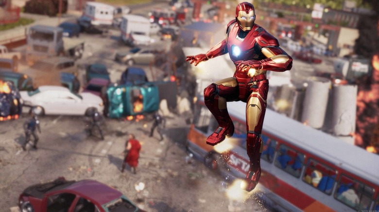 Iron Man hovering over a battle in "Marvel's Avengers" (2020)
