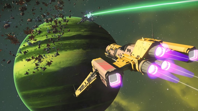 Spaceships flying near a planet in "No Man's Sky" (2016)