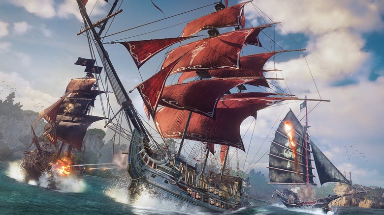 Two pirate ships attacking a third ship in "Skull and Bones" (2024)