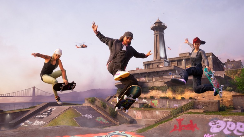 Skateboarders doing tricks in "Tony Hawk's Pro Skater 3 + 4" (2025)