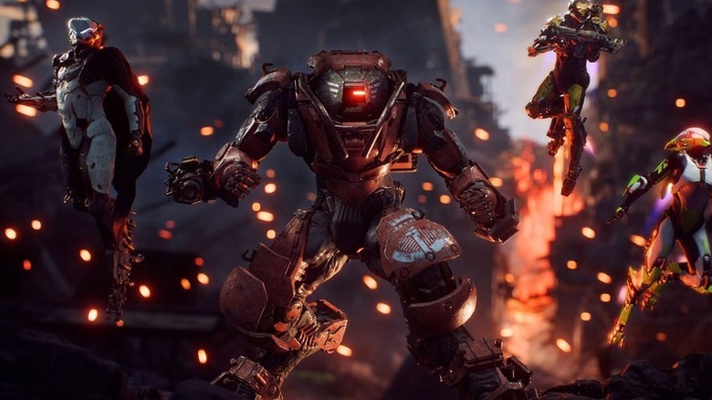 A group of soldiers in exosuits leap into battle in Anthem