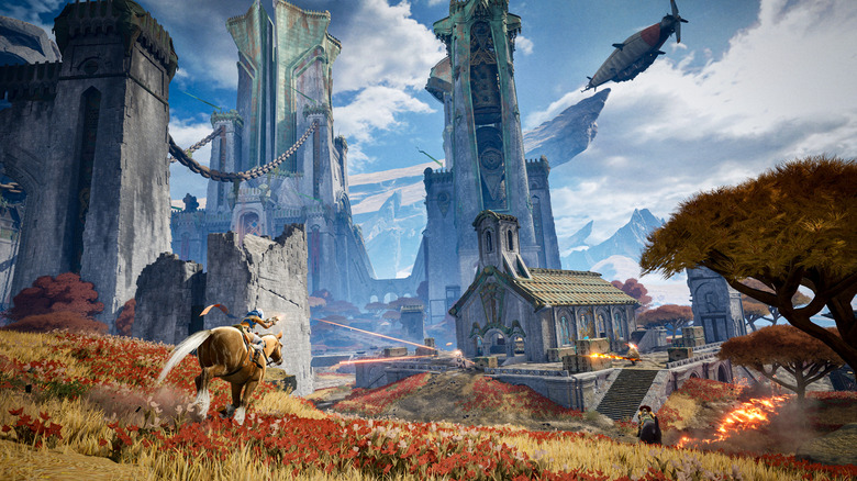 A player on horseback shoots at enemies by a church in Highguard