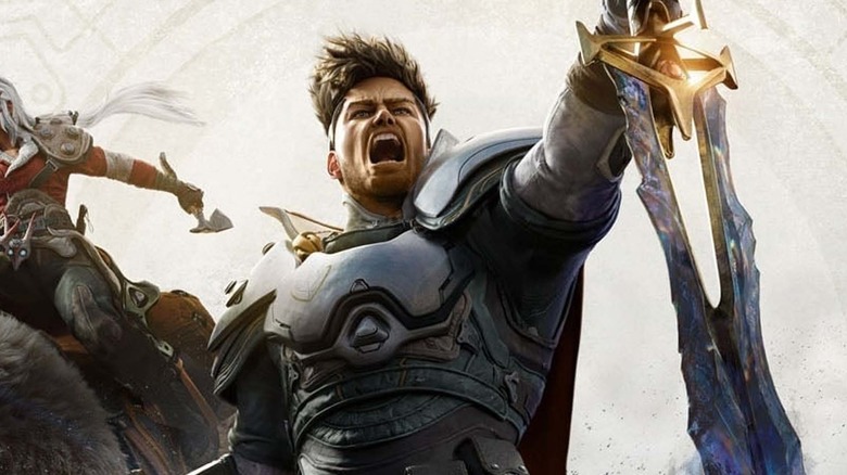 Atticus shouts while raising his sword on the cover art for Highguard