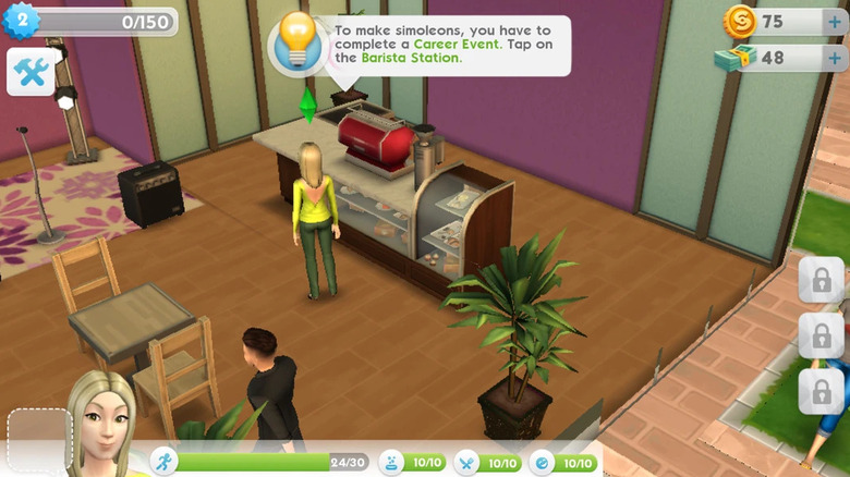 A sim walks into a cafe in The Sims Mobile
