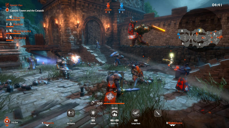 A group of medieval warriors battle inside a castle in Warlander