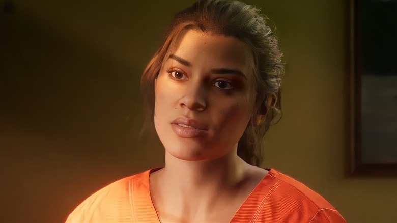 Lucia in orange jumpsuit