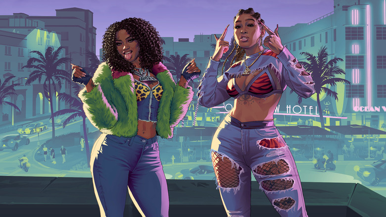 Two local residents in Vice City dancing in front of a green background