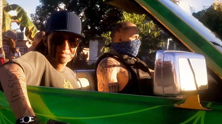 NPCs riding around in a green muscle car in GTA 6